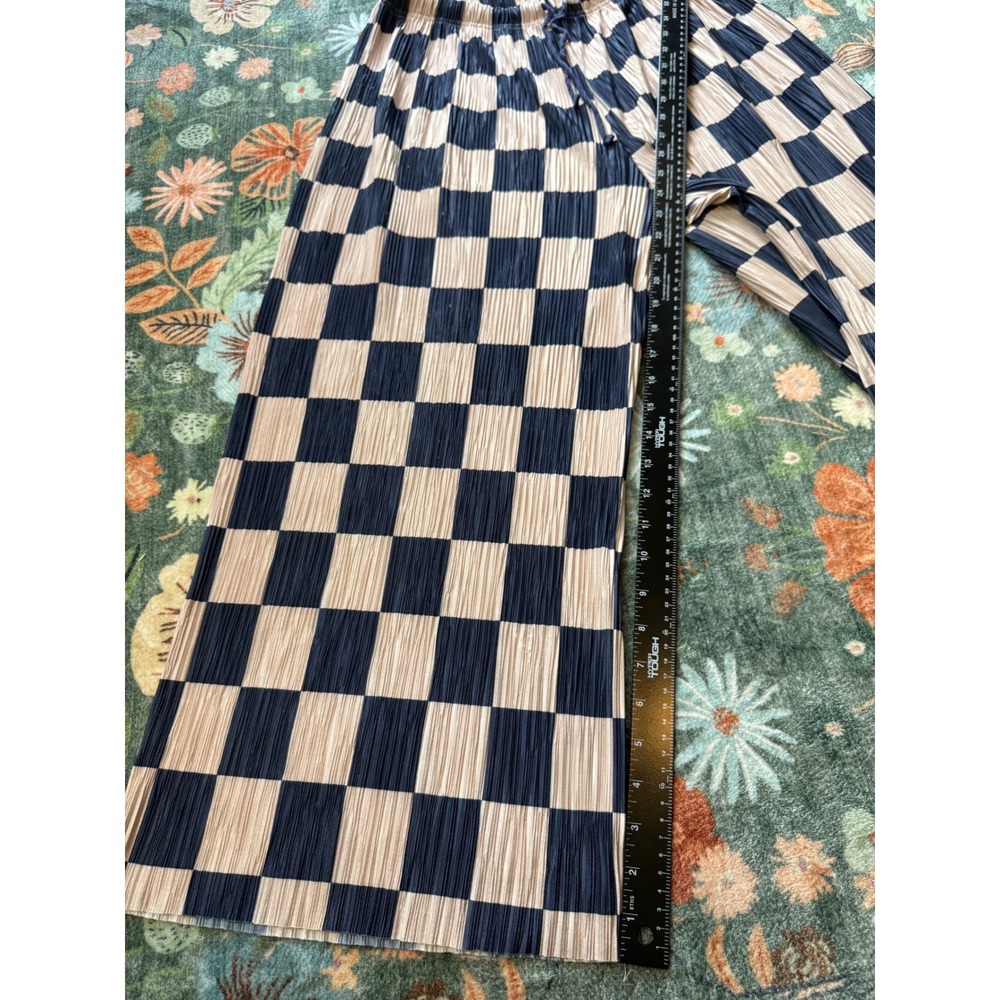 Silence + Noise Checkered Plisse Wide Leg Pants Navy Tan Small Elastic Waist - Picture 3 of 14